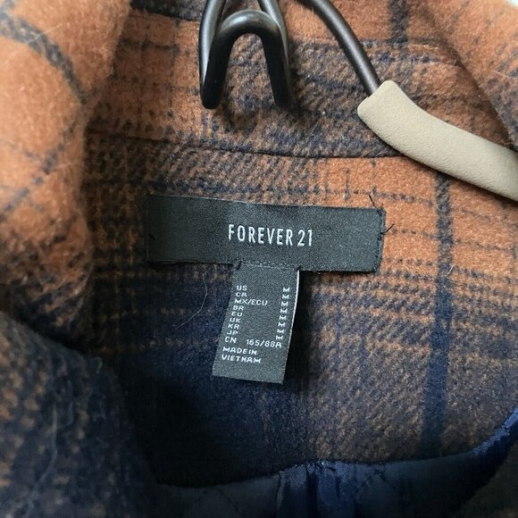 Forever 21 Fleece Plaid Jacket Womens M Full Zip Brown Blue Fall Shacket - Picture 4 of 6